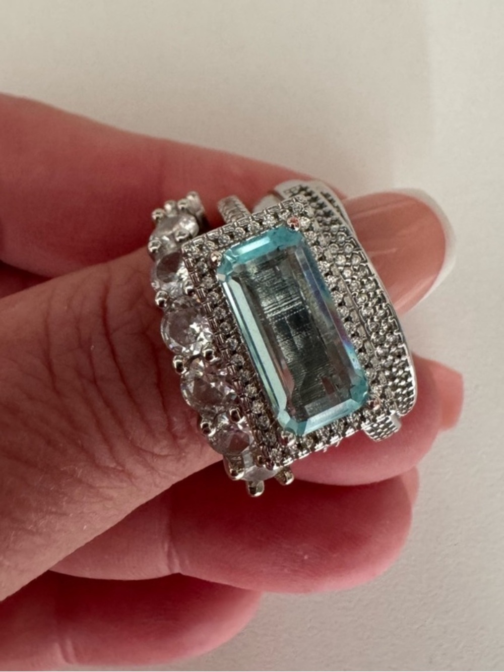 Statement Elegant Silver-tone and Blue Gemstone Size 9 Stackable Ring Set of 3